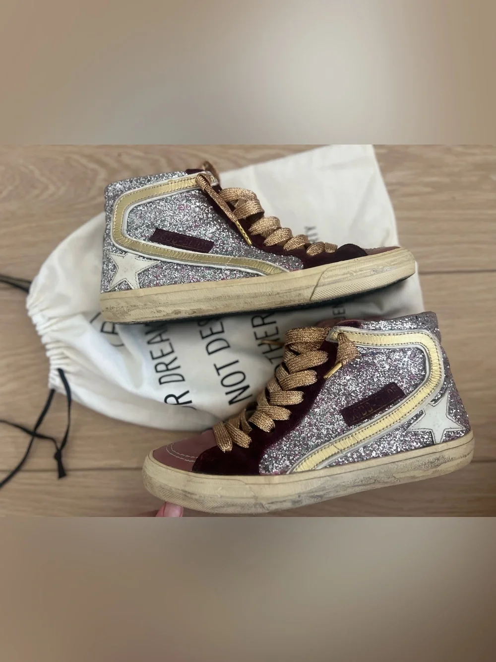 Golden goose glitter slides pink gold burgundy size 40